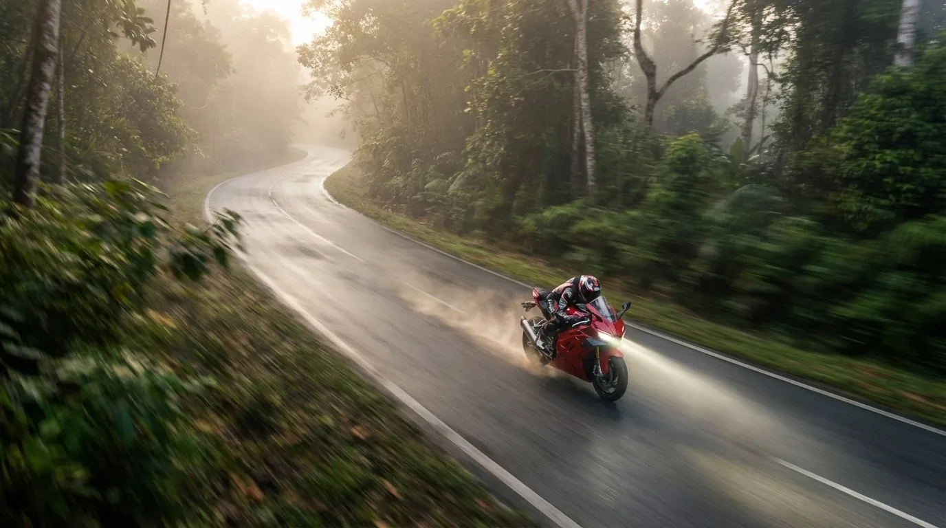 ZXMOTO 820RR riding through Malaysian jungle road at dawn