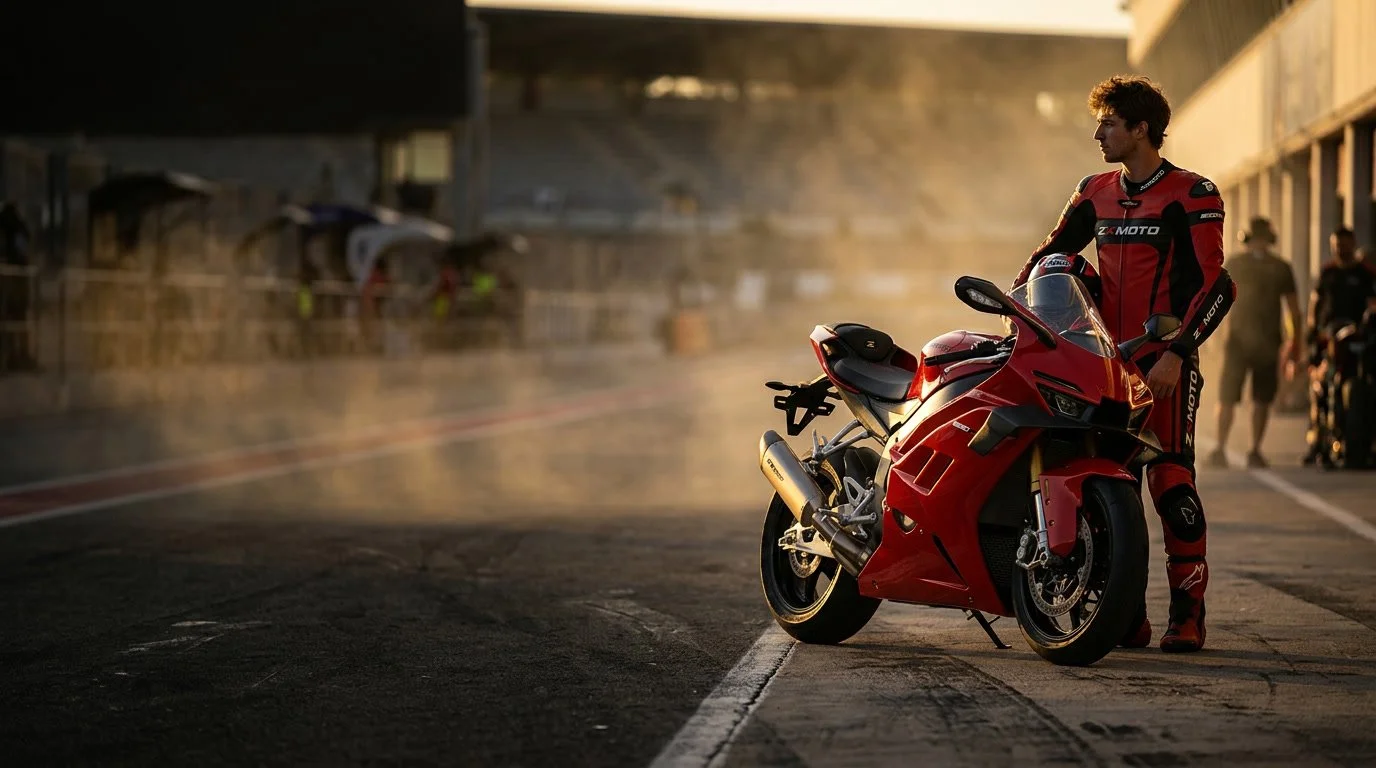 ZXMOTO 820RR at pit lane exit, race circuit sunset