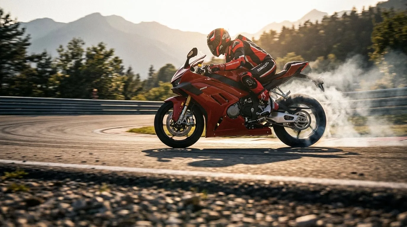 ZXMOTO 820RR motorcycle on race track at golden hour, mountain circuit